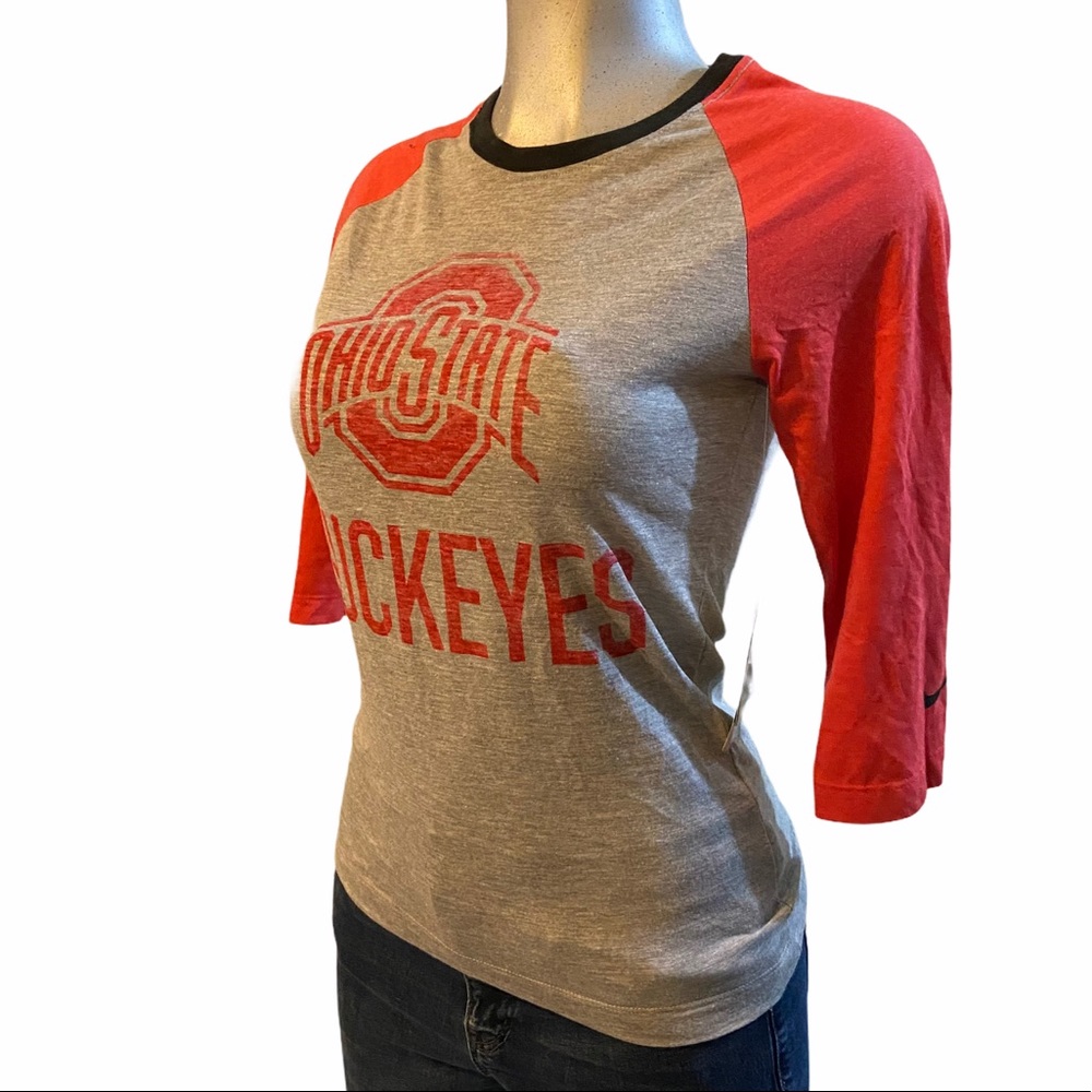 Nike Gray and Red Ohio State Buckeyes Raglan 3/4 Sleeve Tee